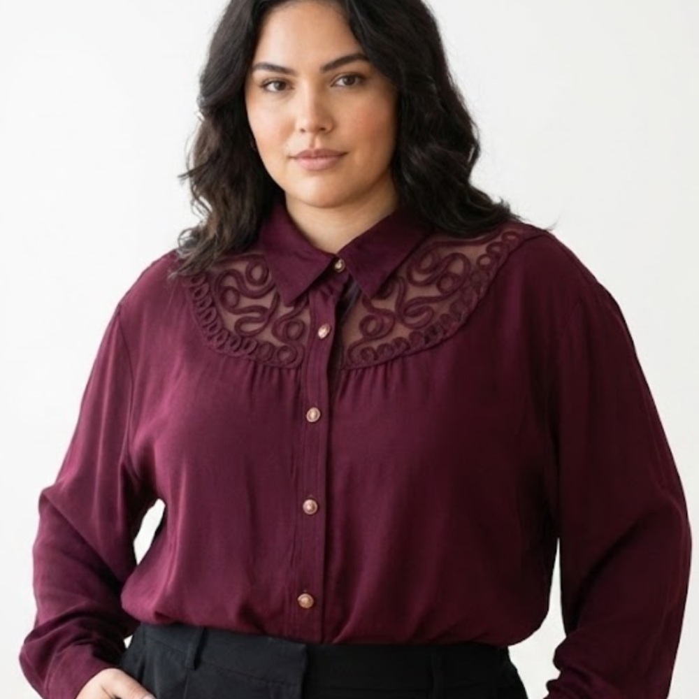 Vintage Burgundy Lace Yoke Button-Up Blouse